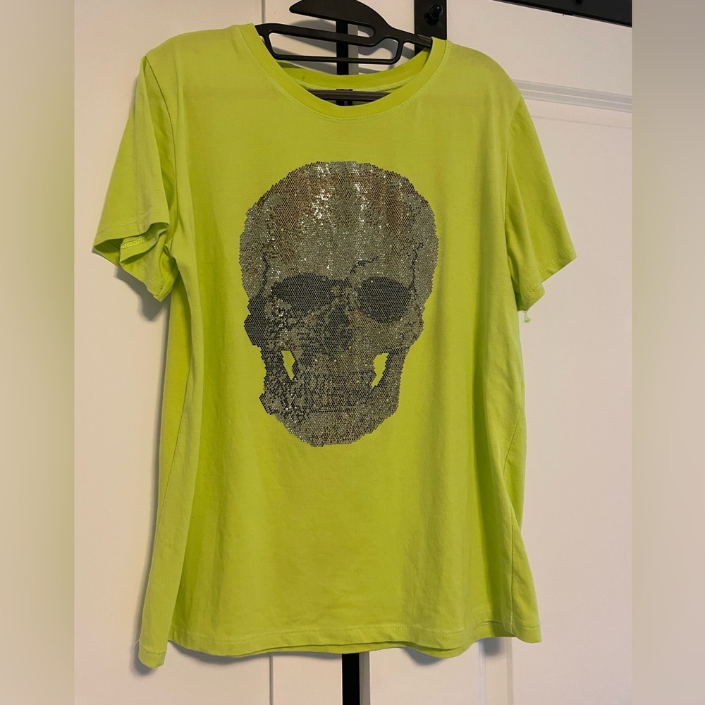 New Collection Lime Green T-Shirt with Sequin Skull Design